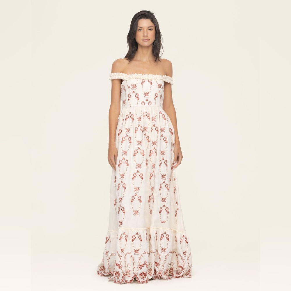 Agua by Agua Bendita Achiote Florero Embroidered Linen Maxi Dress